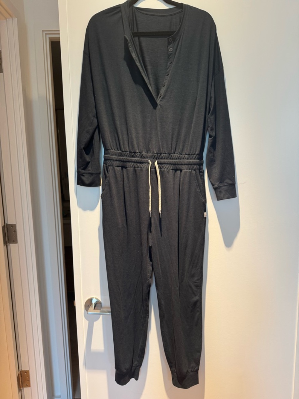 Vuori Navy Long-Sleeve Henley Jumpsuit with Drawstring Waist